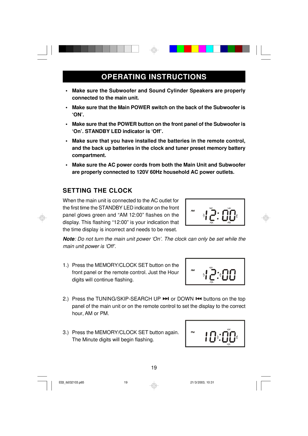 Emerson ES3 owner manual Operating Instructions, Setting the Clock 