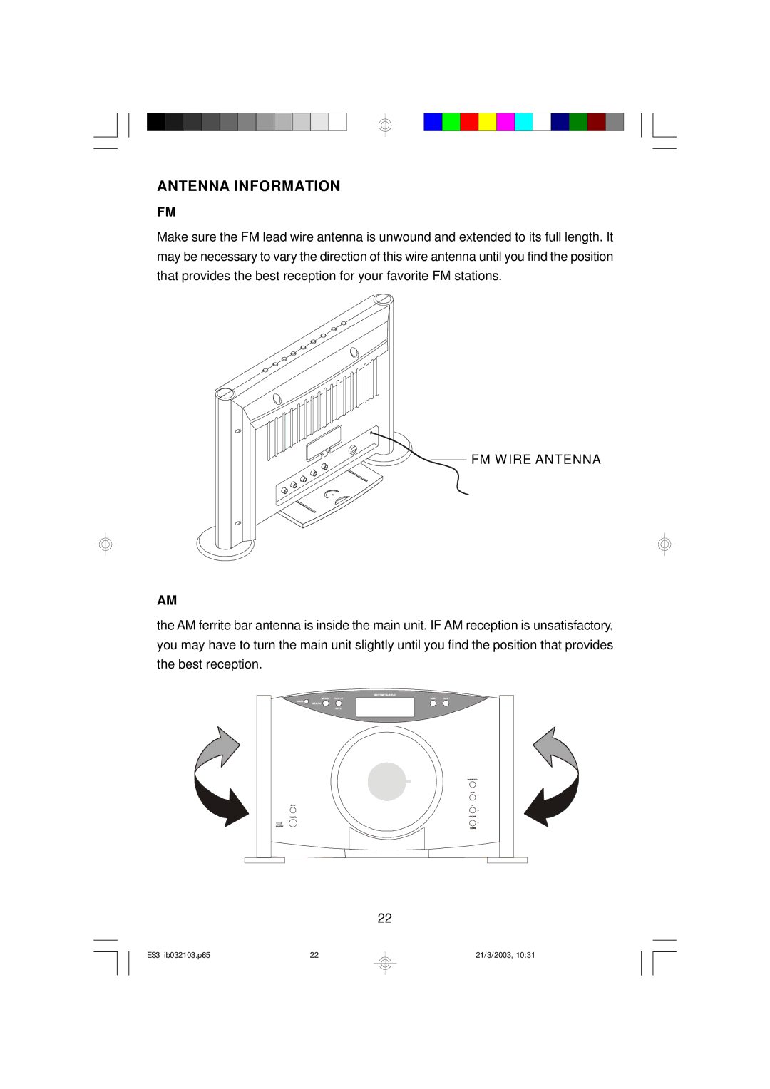 Emerson ES3 owner manual Antenna Information, FM W IRE Antenna 