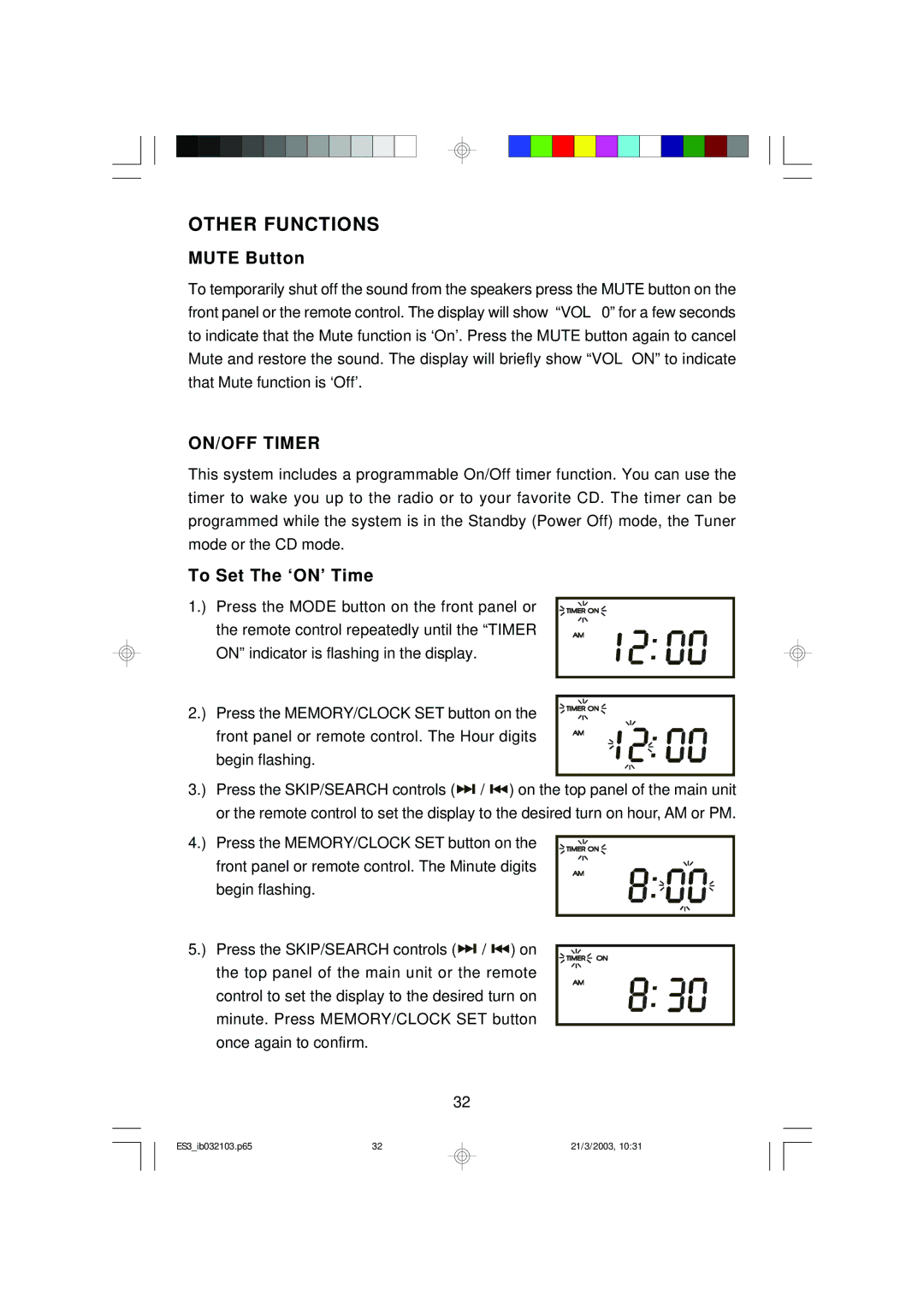 Emerson ES3 owner manual Other Functions, Mute Button, ON/OFF Timer, To Set The ‘ON’ Time 