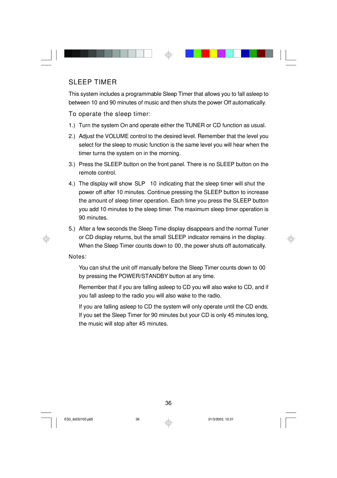 Emerson ES3 owner manual Sleep Timer, To operate the sleep timer 