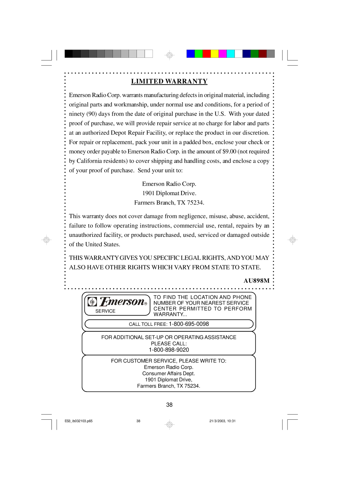 Emerson ES3 owner manual Limited Warranty 