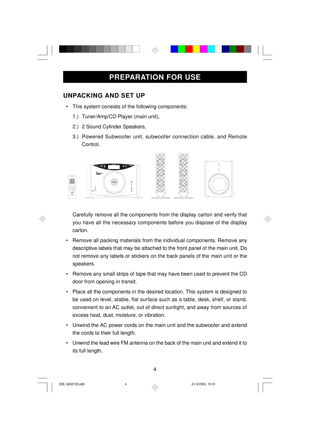 Emerson ES3 owner manual Preparation for USE, Unpacking and SET UP 