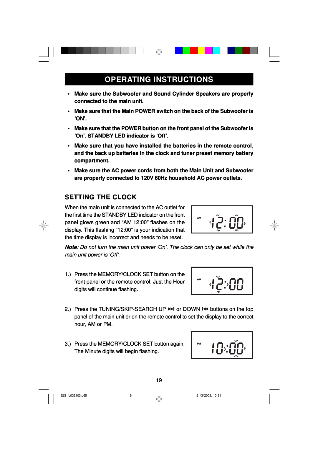 Emerson ES3 owner manual Operating Instructions, Setting The Clock 