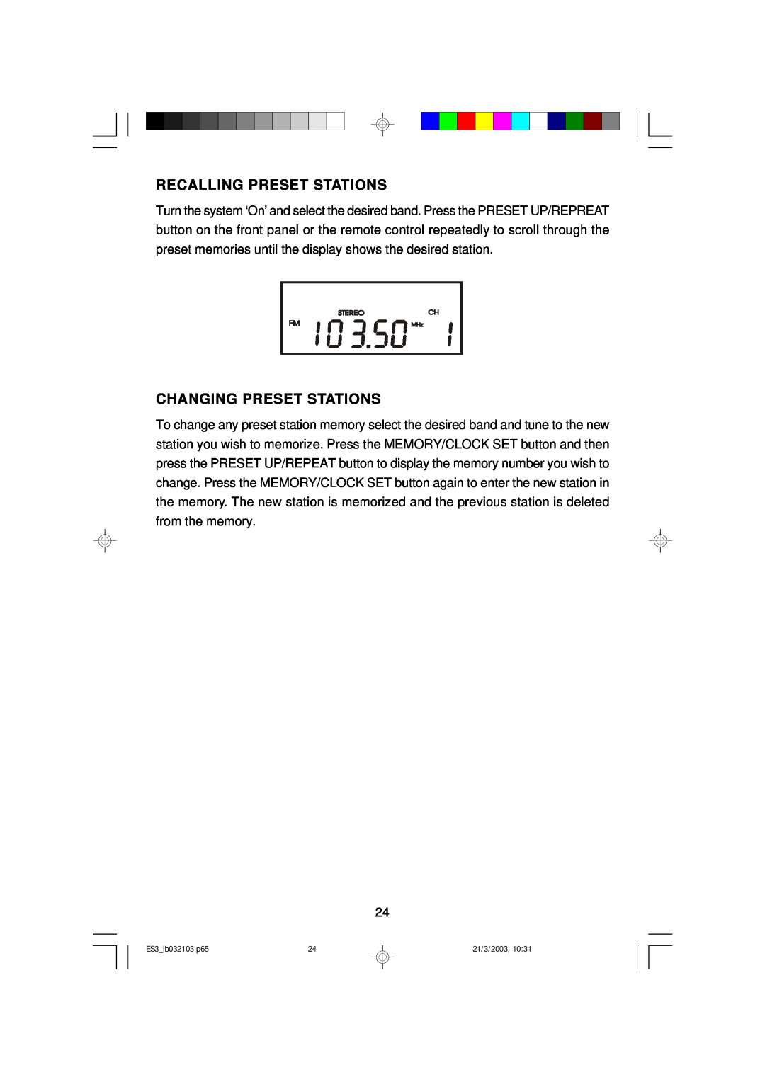 Emerson ES3 owner manual Recalling Preset Stations, Changing Preset Stations 