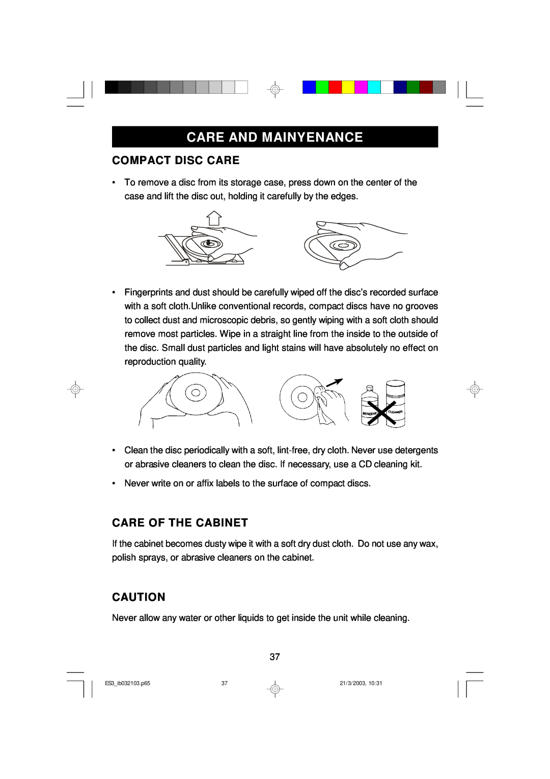 Emerson ES3 owner manual Care And Mainyenance, Compact Disc Care, Care Of The Cabinet 