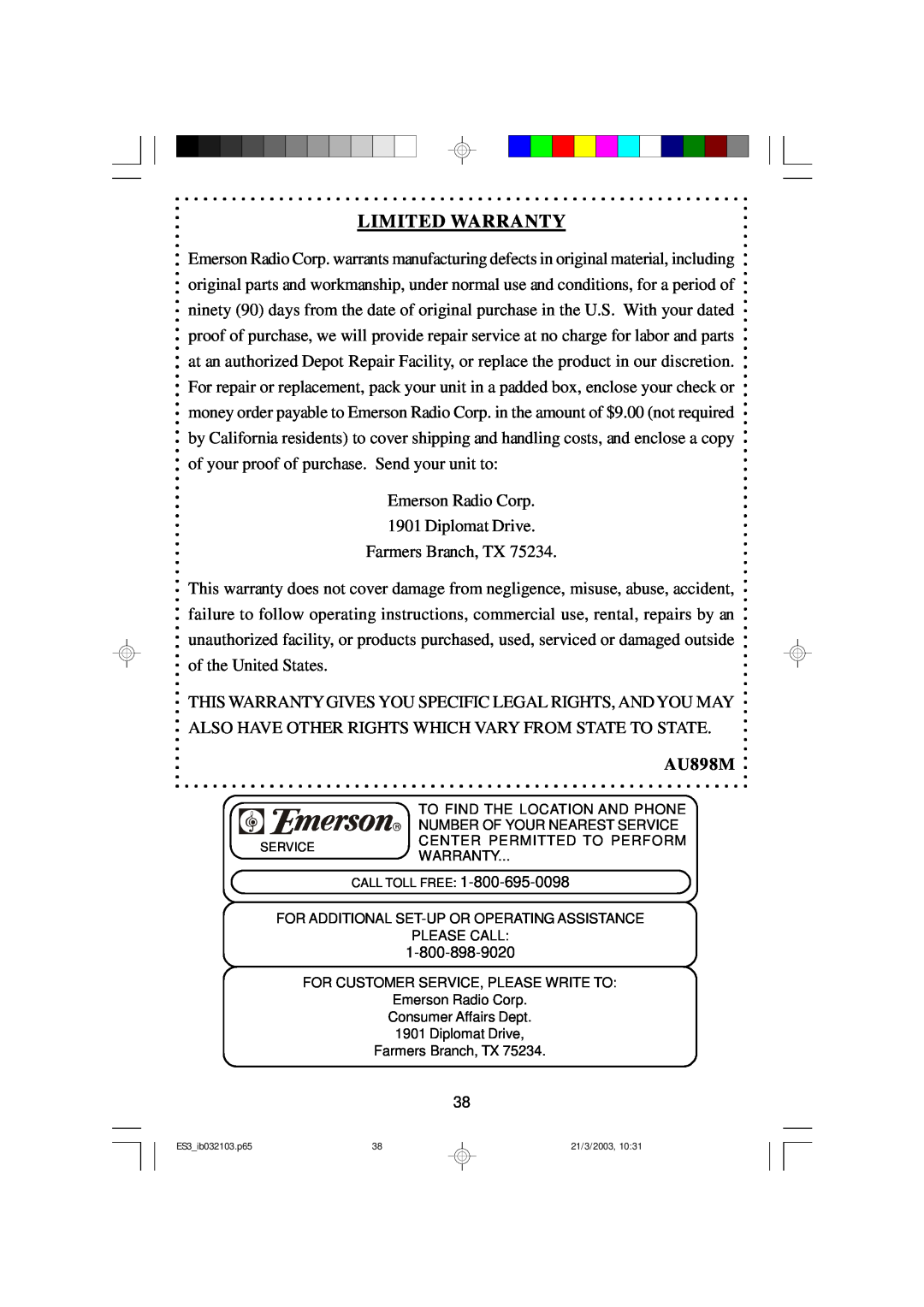 Emerson ES3 owner manual Limited Warranty, AU898M 