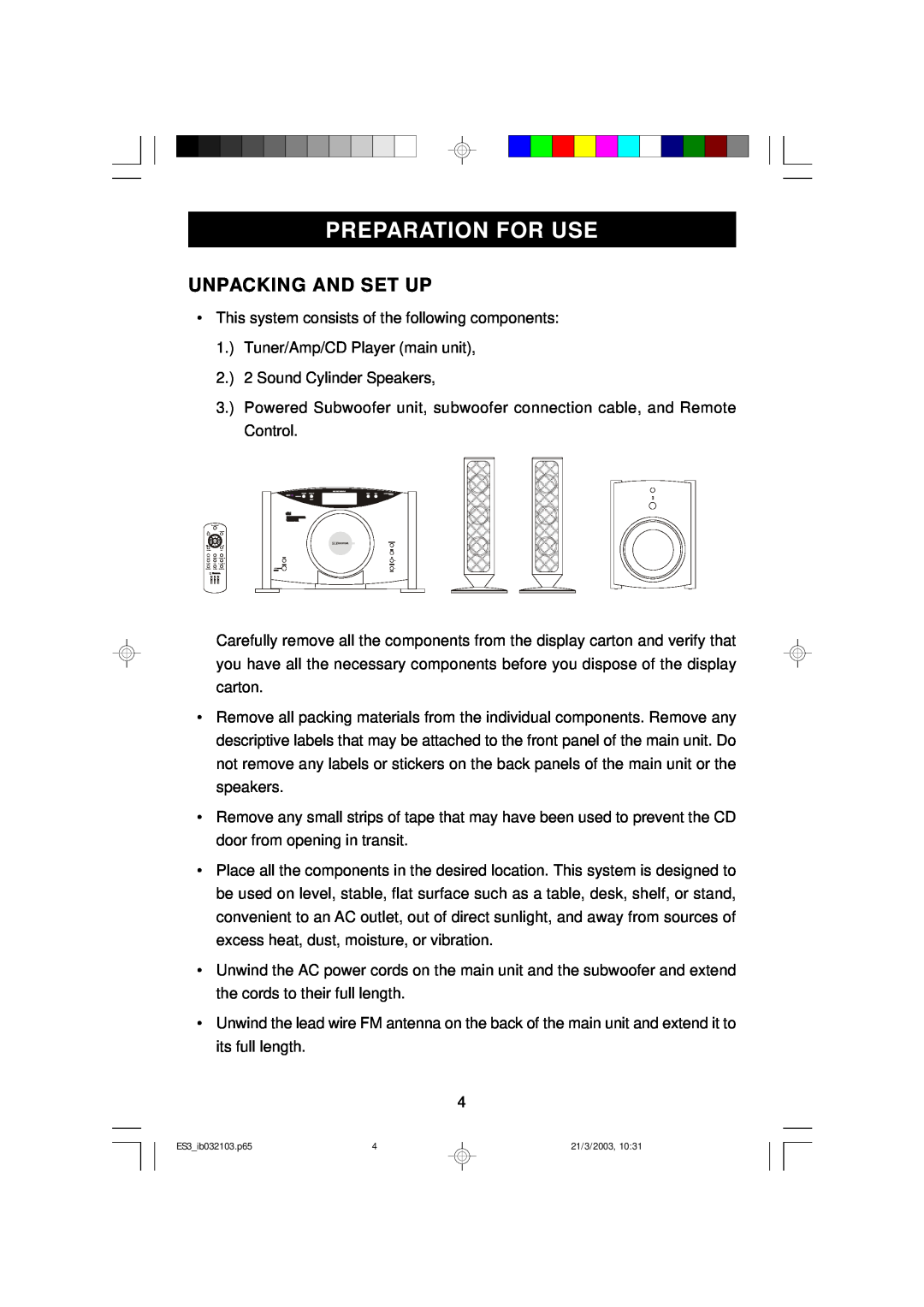 Emerson ES3 owner manual Preparation For Use, Unpacking And Set Up 