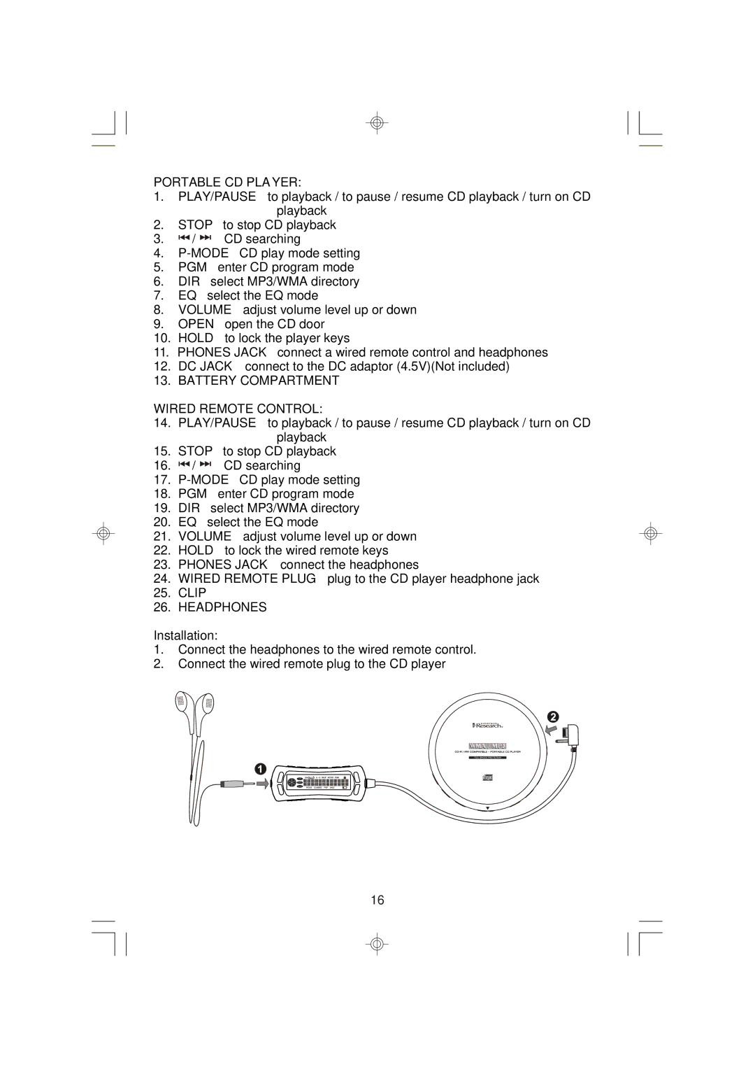 Emerson ES398 owner manual Portable CD Player, Battery Compartment Wired Remote Control, Clip, Headphones, Installation 