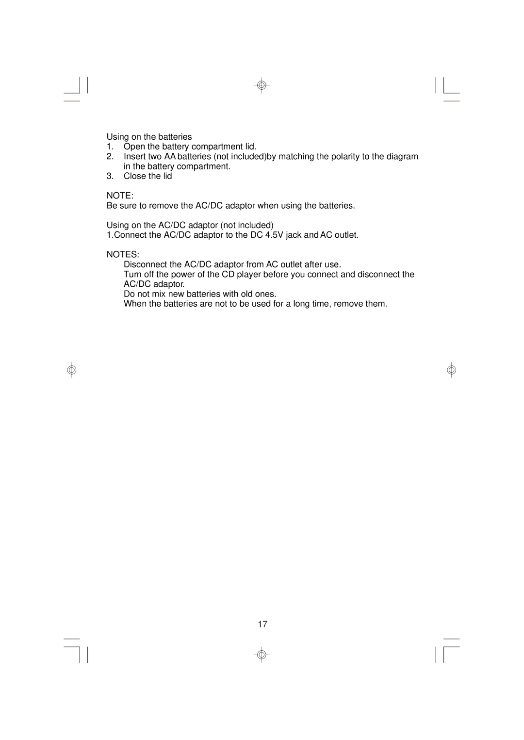 Emerson ES398 owner manual Using on the batteries, Using on the AC/DC adaptor not included 