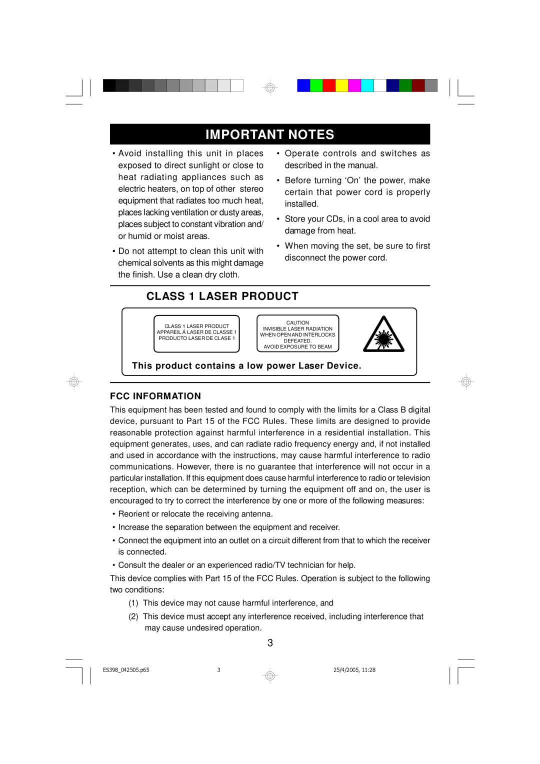 Emerson ES398 owner manual Important Notes, This product contains a low power Laser Device, FCC Information 