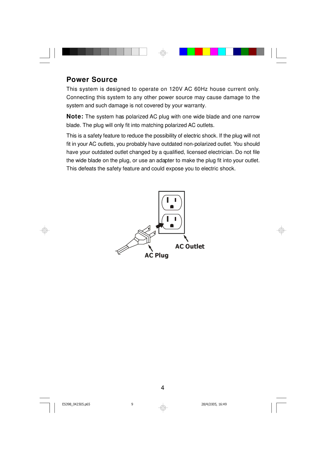 Emerson ES398 owner manual Power Source 