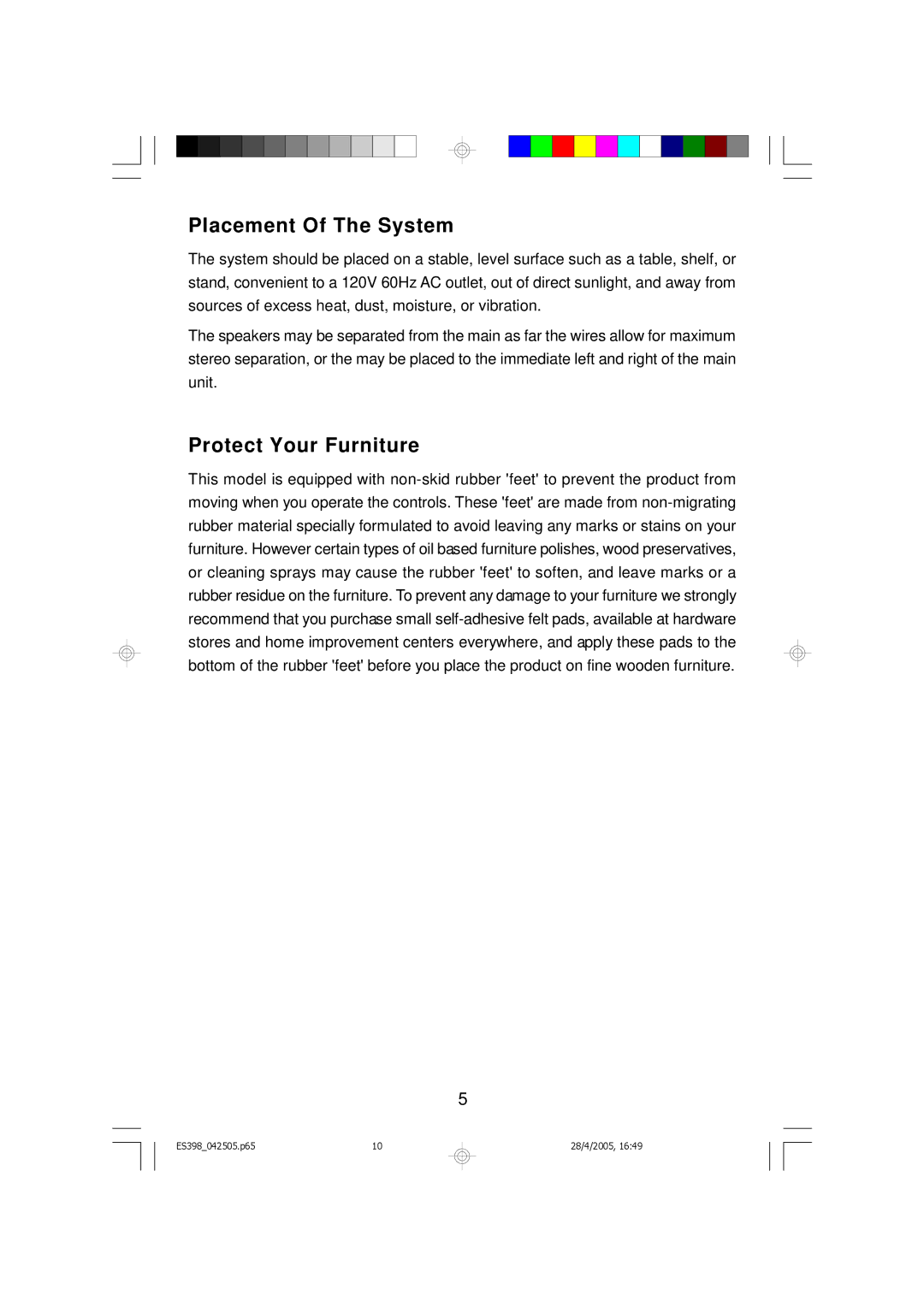 Emerson ES398 owner manual Placement Of The System 