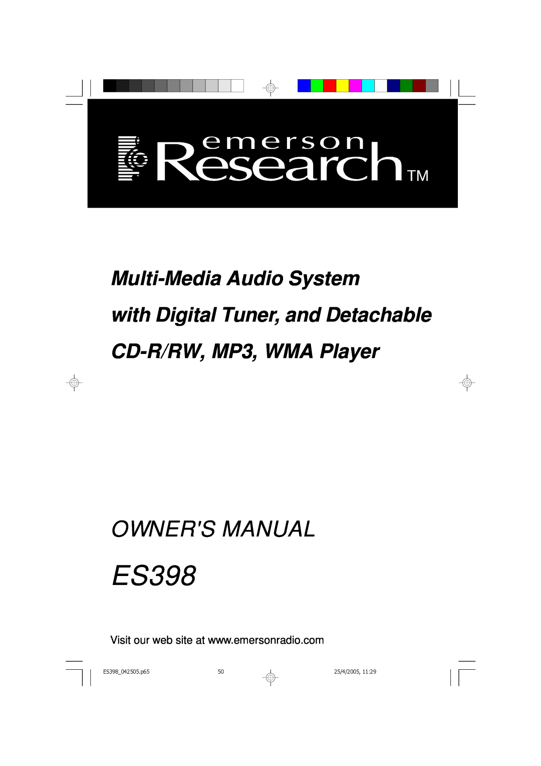 Emerson ES398 owner manual Multi-MediaAudio System, with Digital Tuner, and Detachable, CD-R/RW,MP3, WMA Player, 25/4/2005 