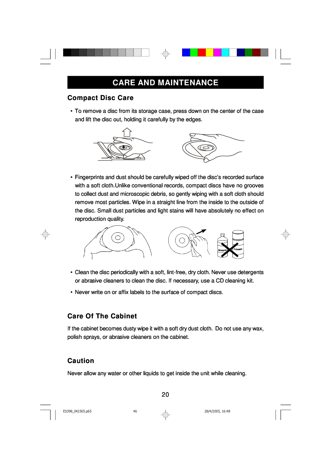 Emerson ES398 owner manual Care And Maintenance, Compact Disc Care, Care Of The Cabinet 