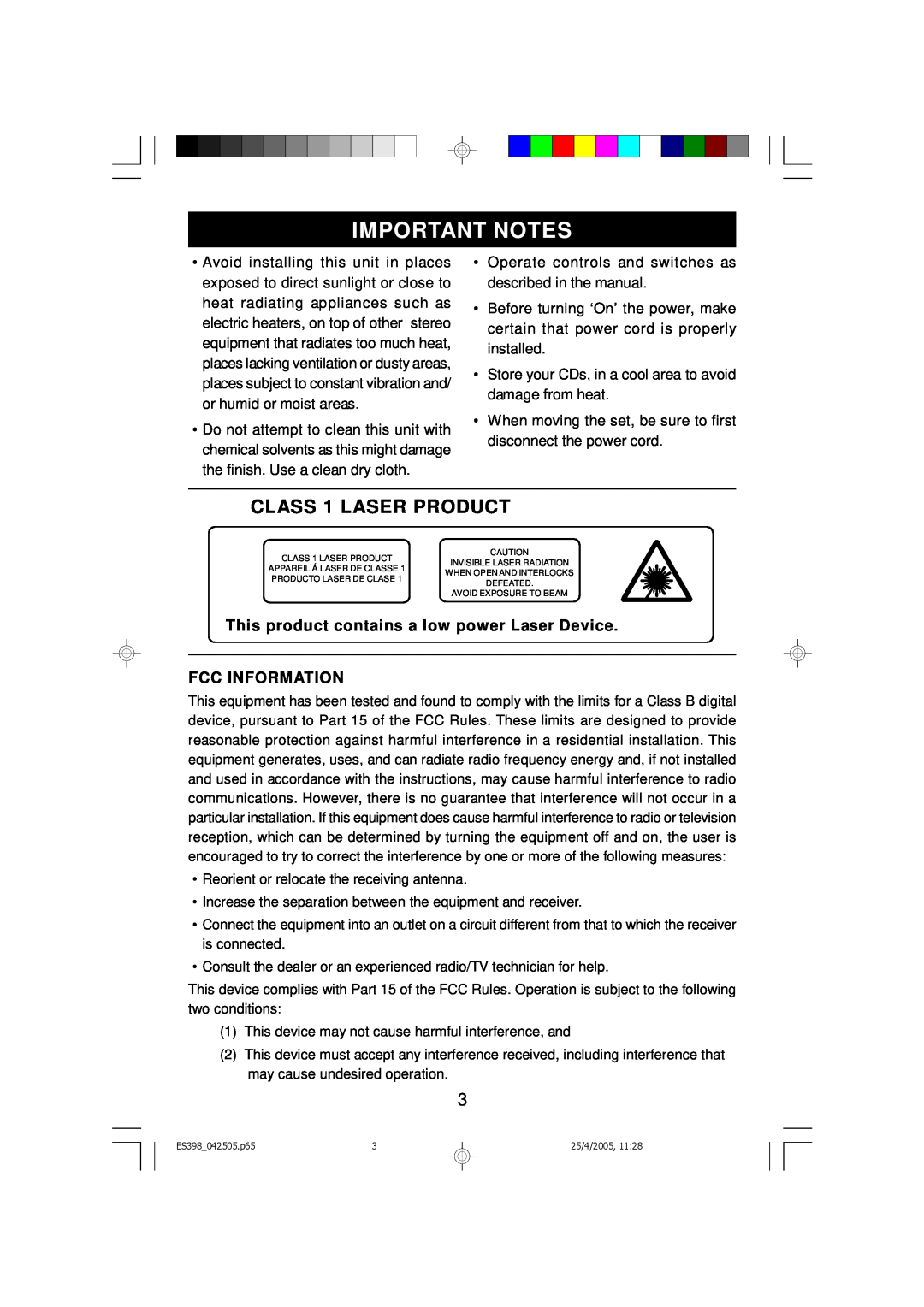 Emerson ES398 Important Notes, CLASS 1 LASER PRODUCT, This product contains a low power Laser Device, Fcc Information 