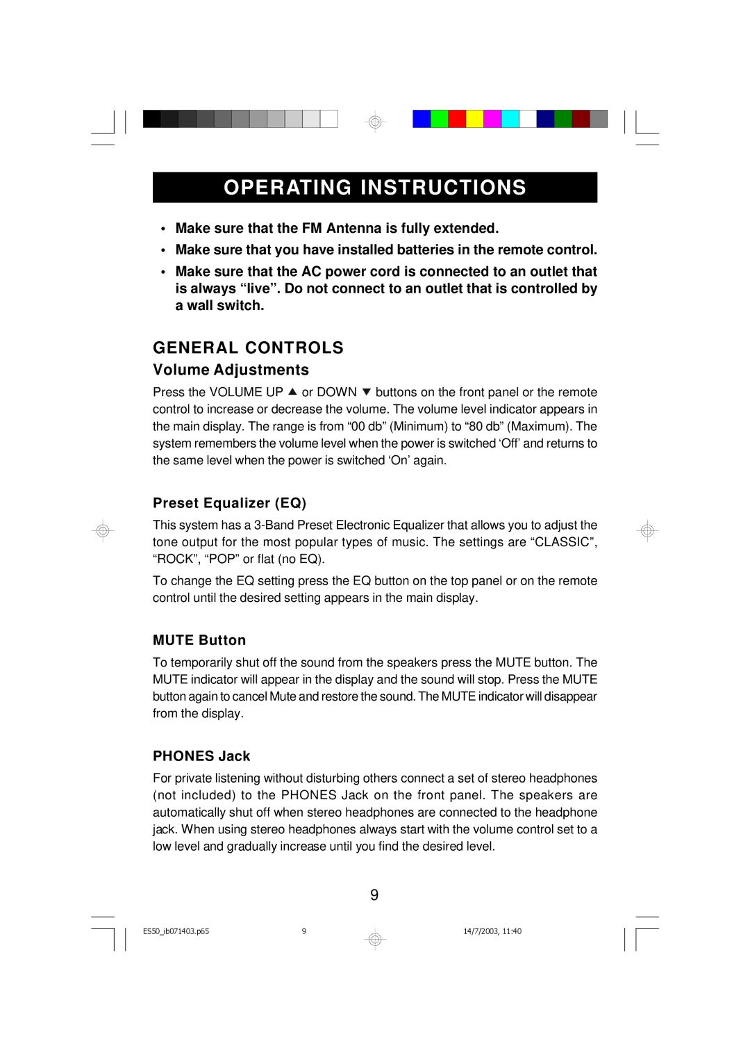 Emerson ES50 owner manual General Controls, Volume Adjustments 