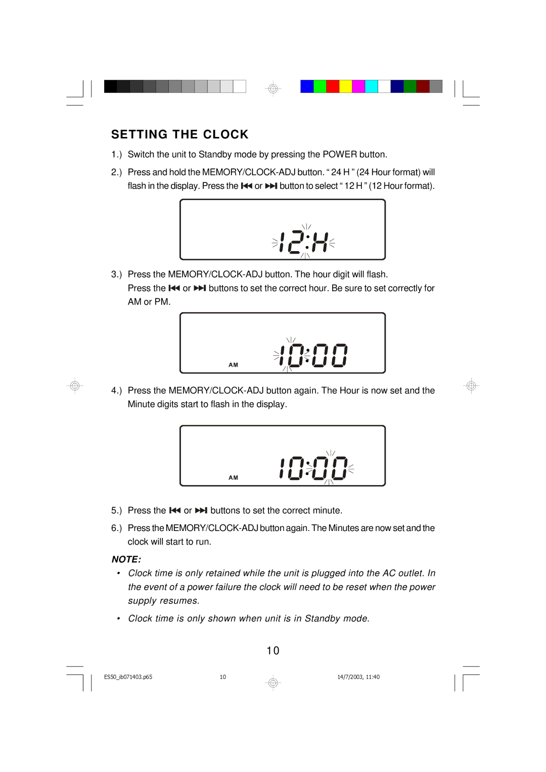 Emerson ES50 owner manual Setting the Clock 