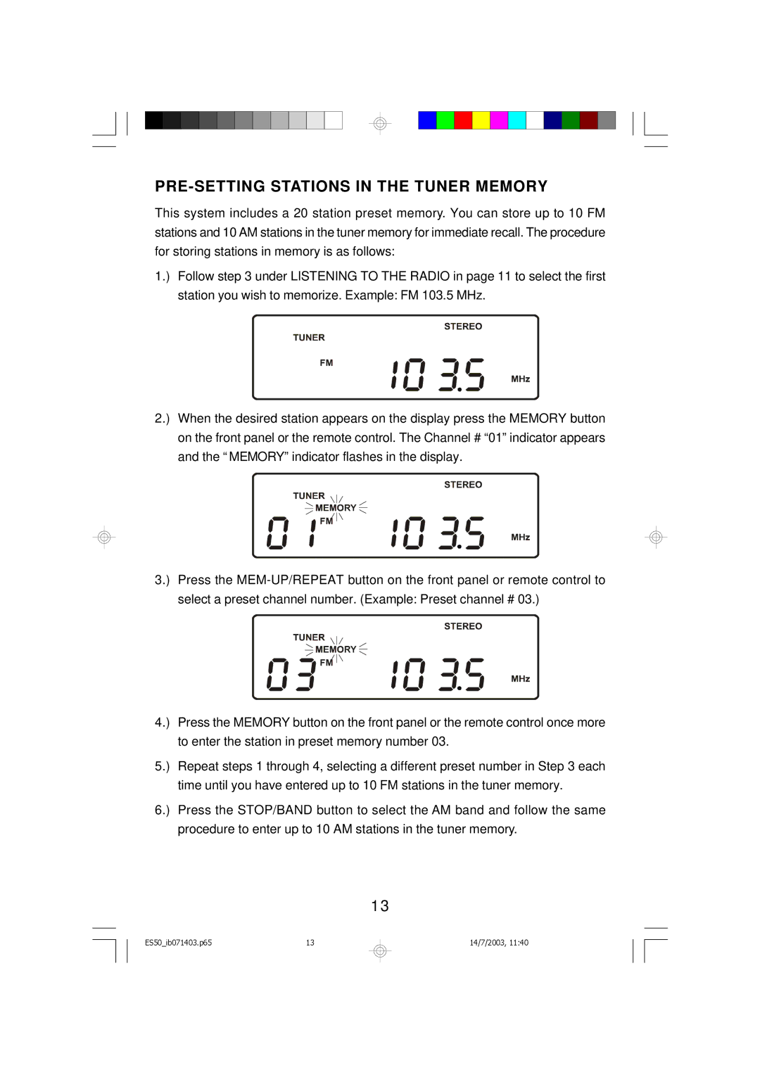 Emerson ES50 owner manual PRE-SETTING Stations in the Tuner Memory 