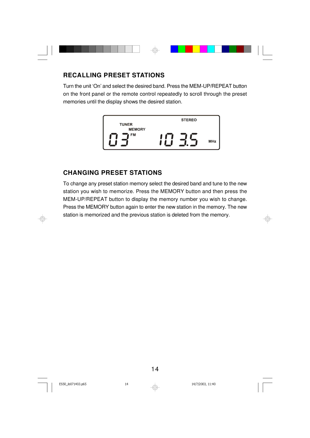 Emerson ES50 owner manual Recalling Preset Stations 