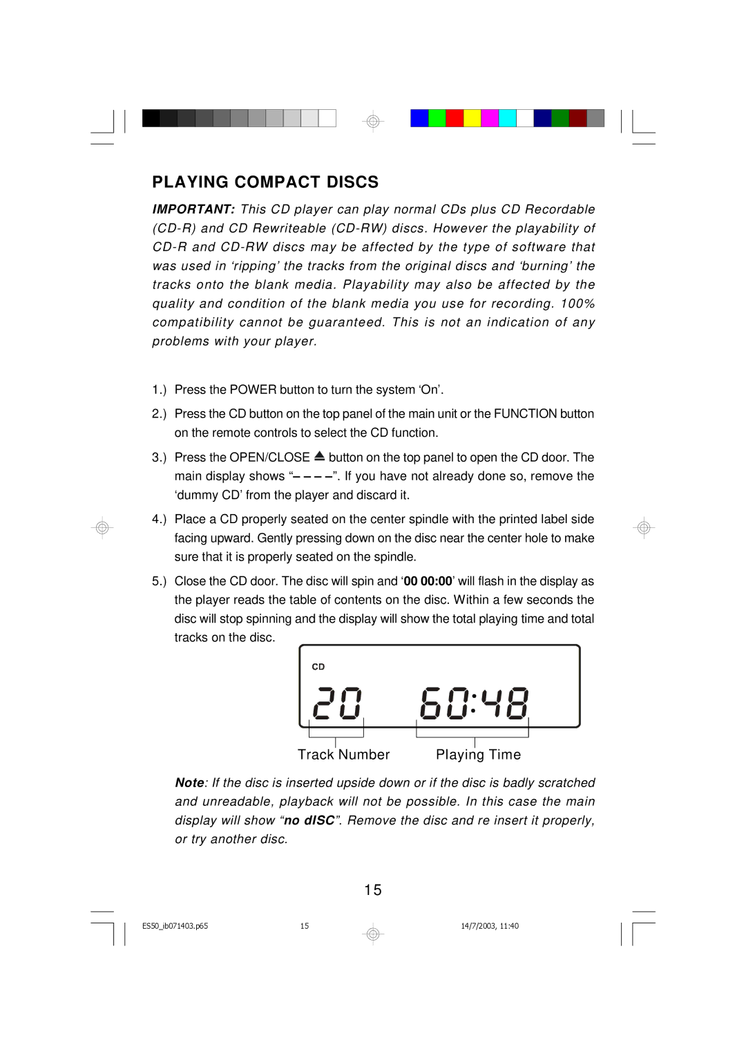 Emerson ES50 owner manual Playing Compact Discs, Track Number Playing Time 