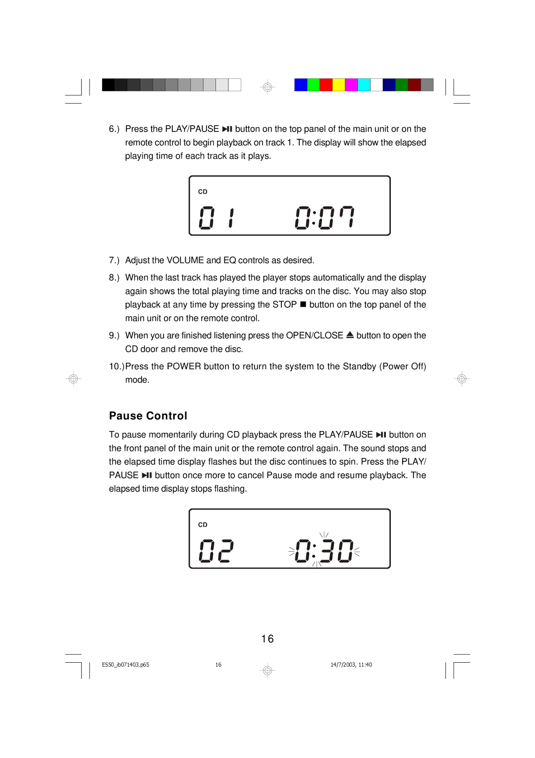 Emerson ES50 owner manual Pause Control 