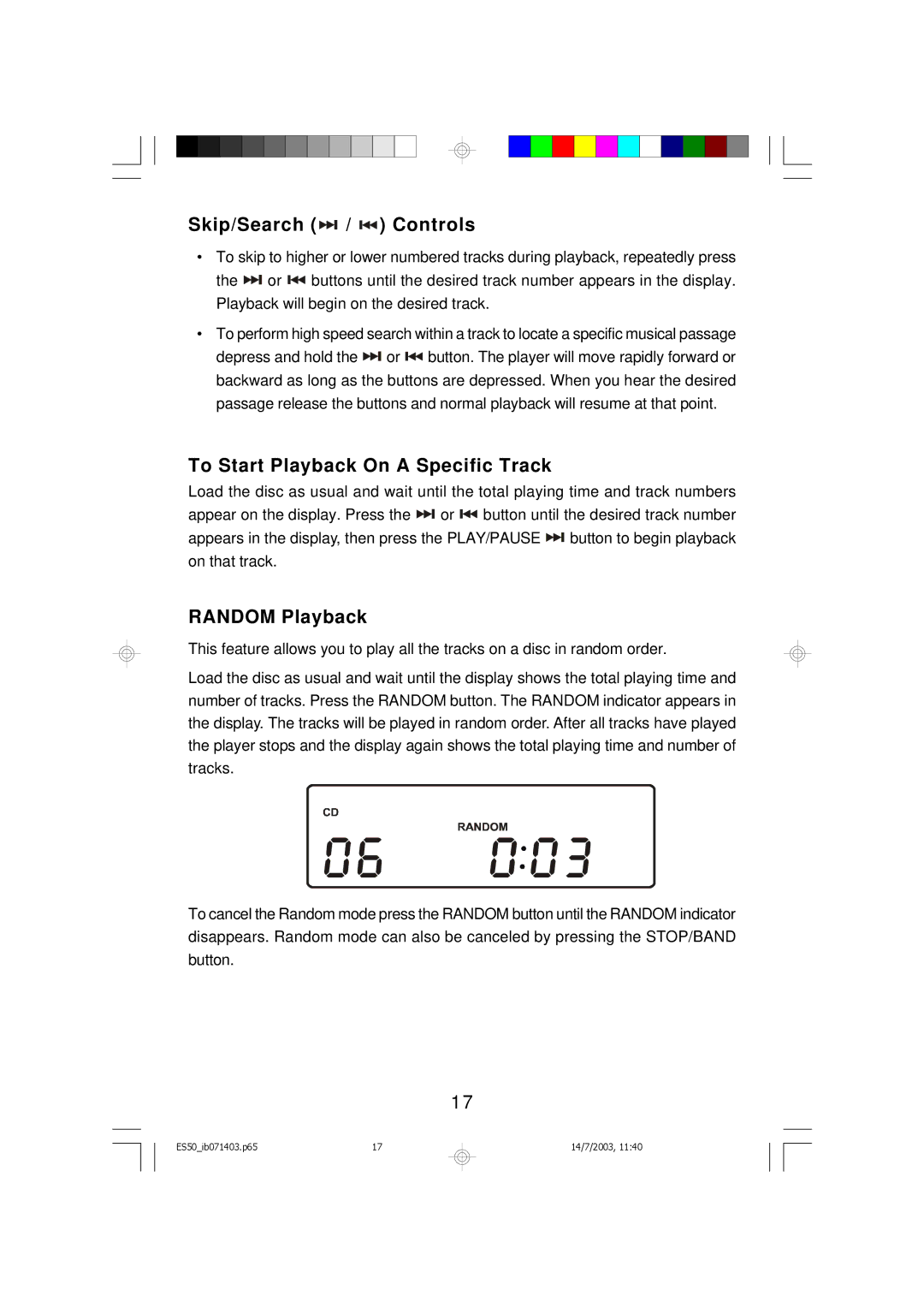 Emerson ES50 owner manual Skip/Search / Controls, To Start Playback On a Specific Track, Random Playback 