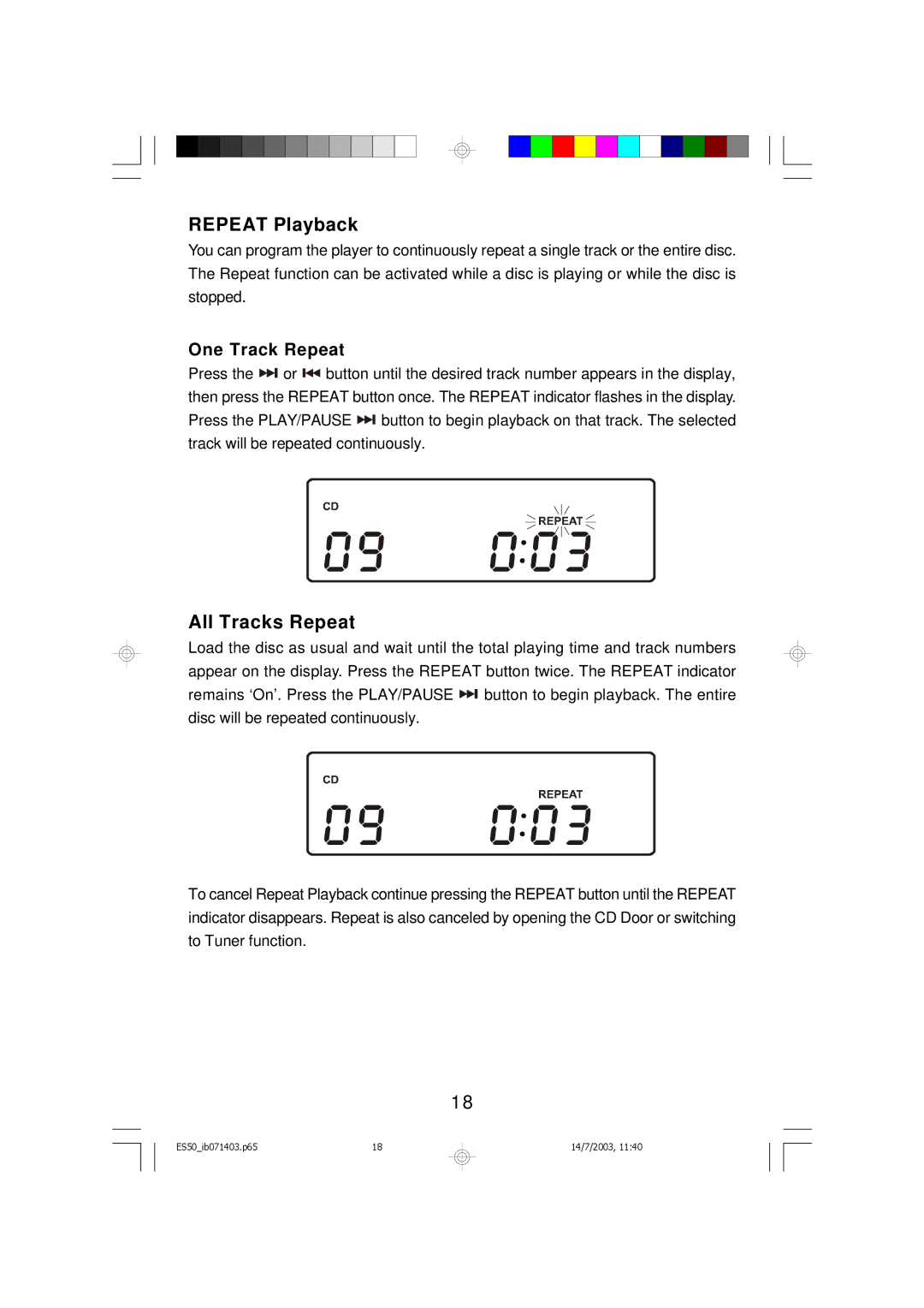 Emerson ES50 owner manual Repeat Playback, All Tracks Repeat 