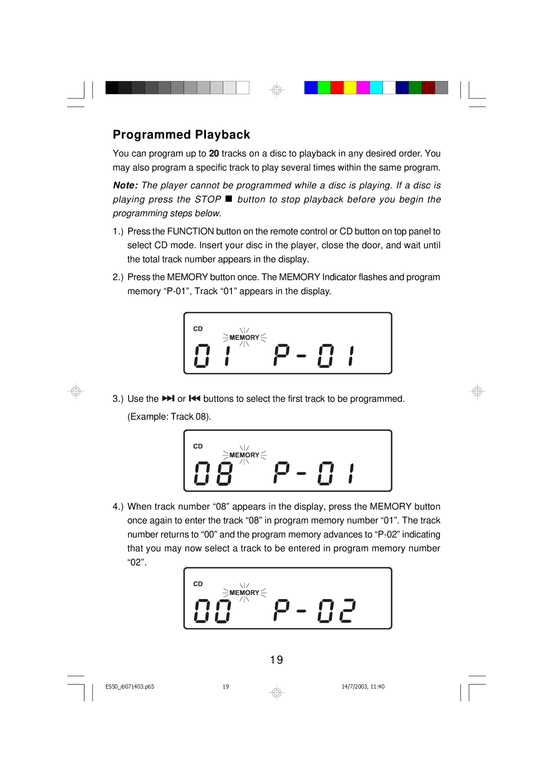 Emerson ES50 owner manual Programmed Playback 