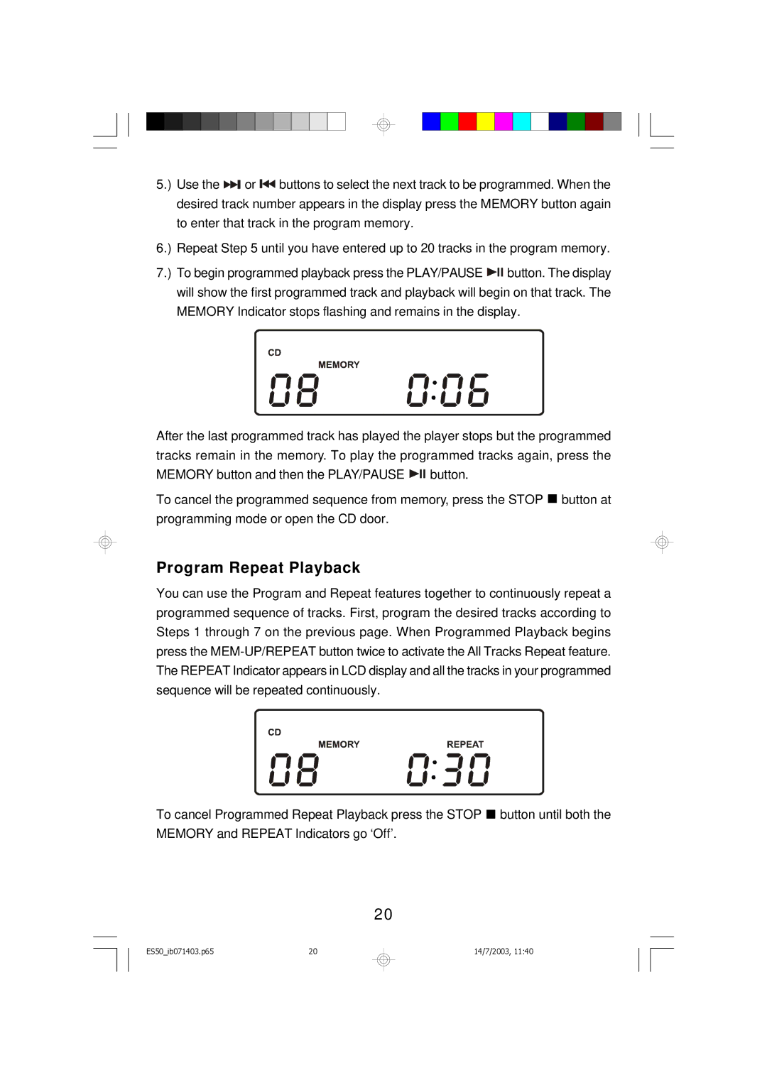 Emerson ES50 owner manual Program Repeat Playback 