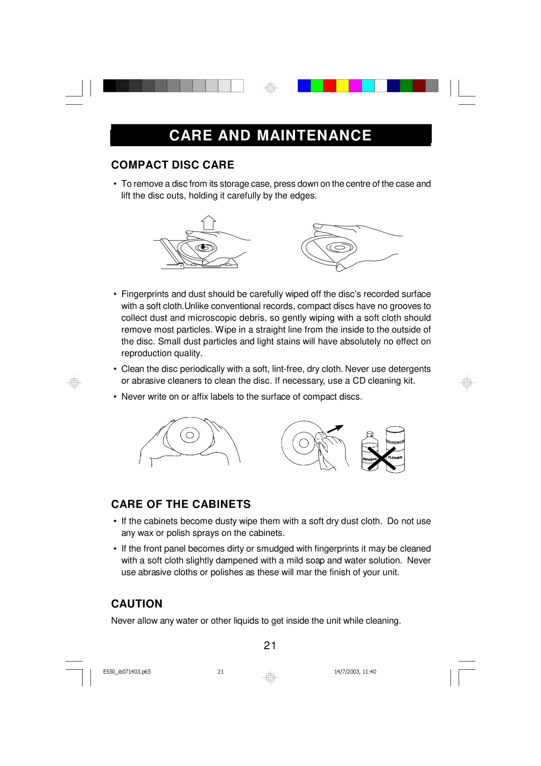 Emerson ES50 owner manual Care and Maintenance 