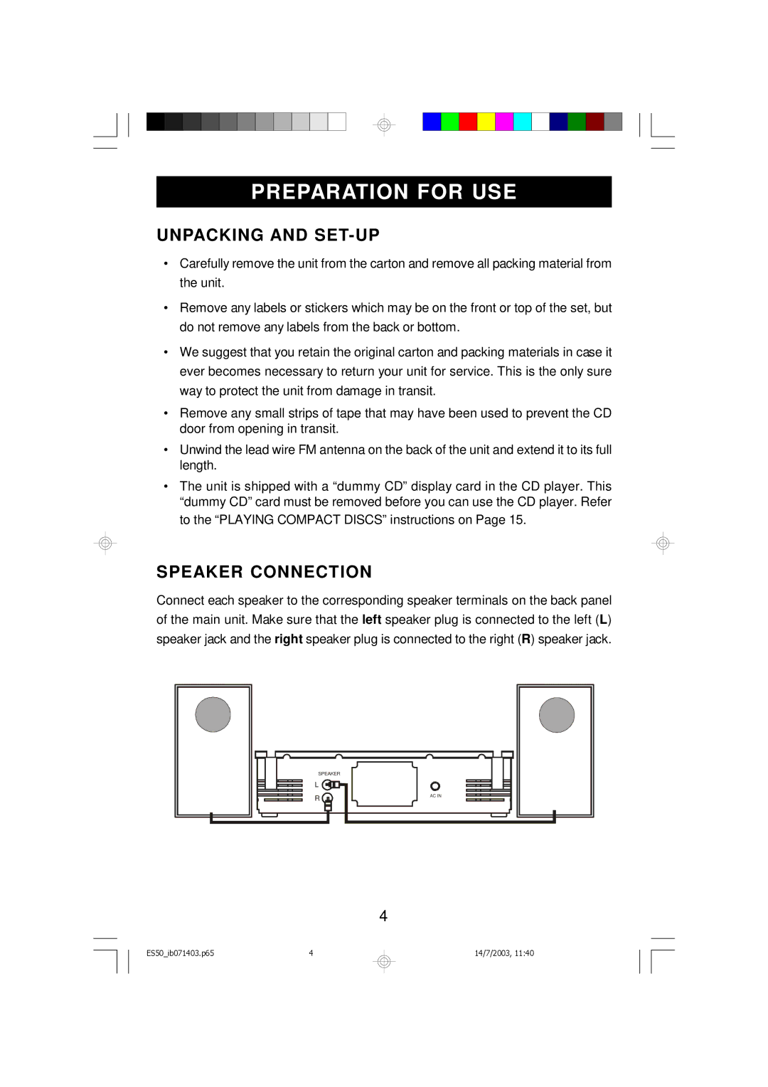 Emerson ES50 owner manual Unpacking and SET-UP, Speaker Connection 