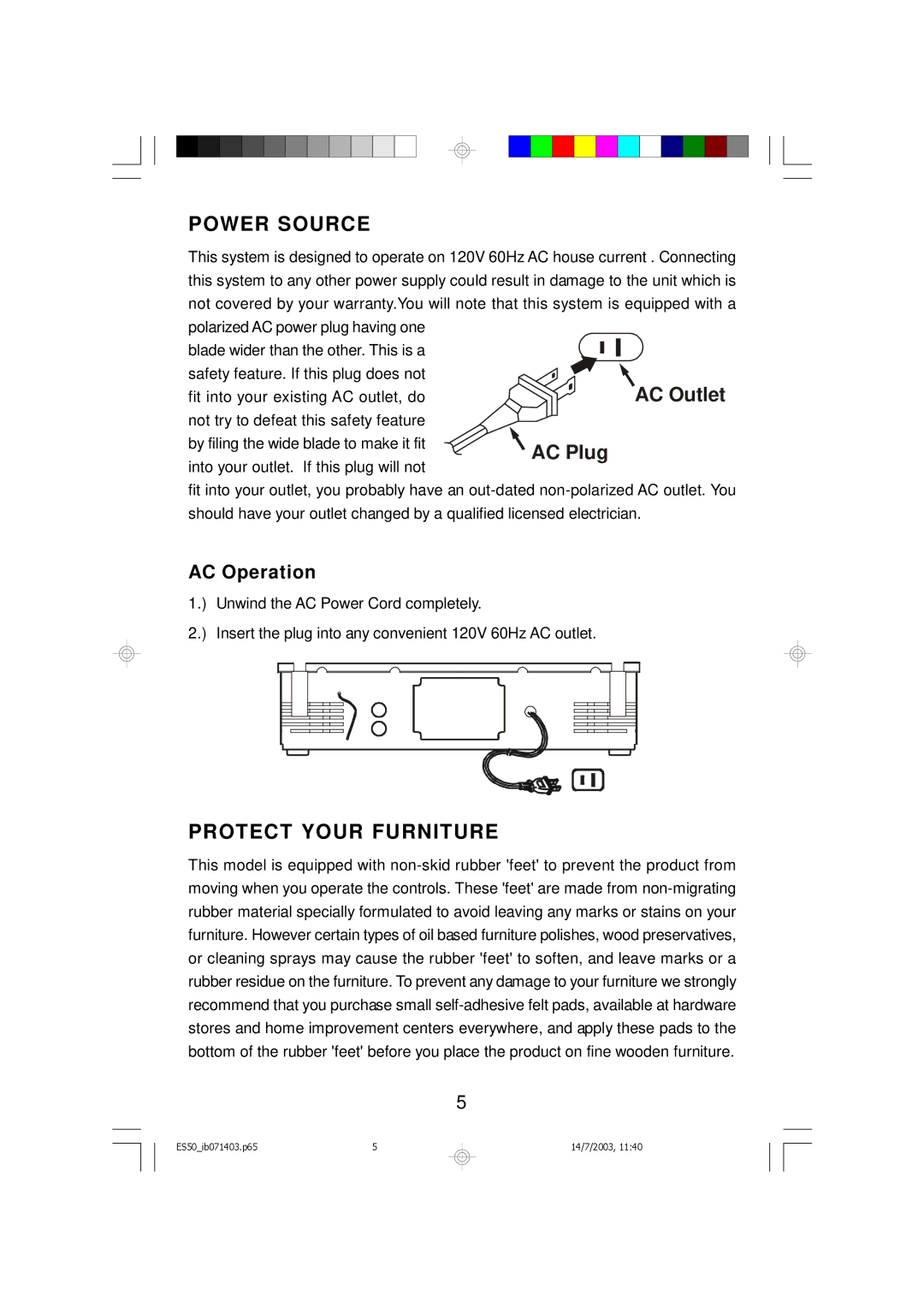 Emerson ES50 owner manual Power Source, Protect Your Furniture, AC Operation 