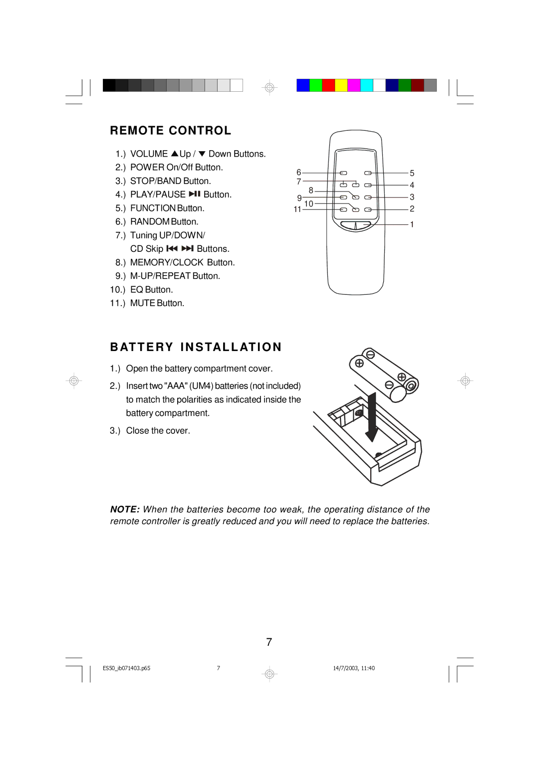 Emerson ES50 owner manual Remote Control, At T E Ry I N S Tal L At I O N 