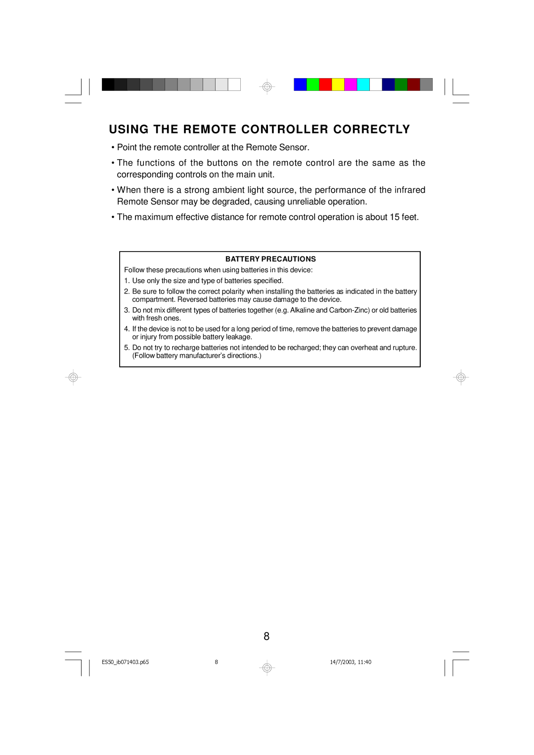 Emerson ES50 owner manual Using the Remote Controller Correctly, Battery Precautions 