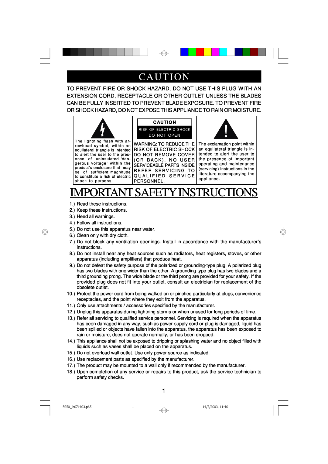Emerson ES50 owner manual Important Safety Instructions, Caut I On 