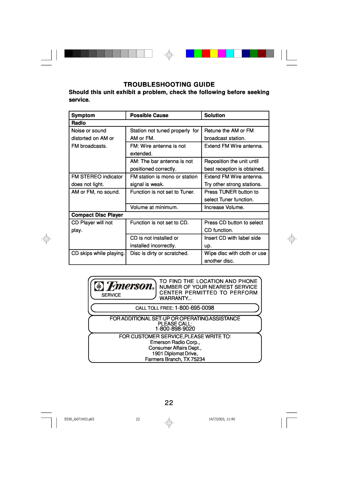 Emerson ES50 owner manual Troubleshooting Guide, Symptom, Possible Cause, Solution, Radio, Compact Disc Player 