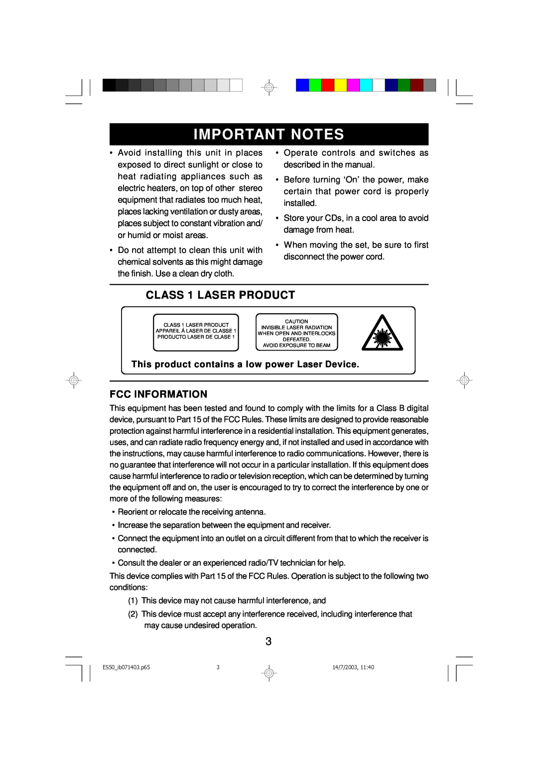 Emerson ES50 Important Notes, CLASS 1 LASER PRODUCT, Fcc Information, This product contains a low power Laser Device 