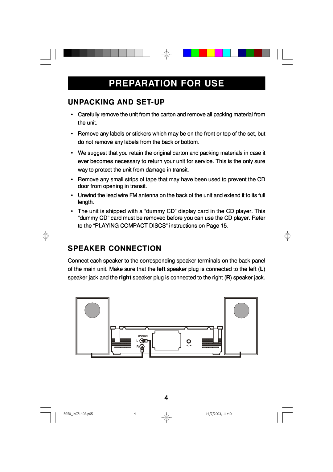 Emerson ES50 owner manual Preparation For Use, Unpacking And Set-Up, Speaker Connection 