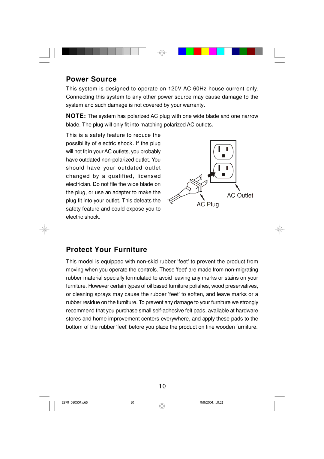 Emerson ES79 owner manual Power Source, Protect Your Furniture 