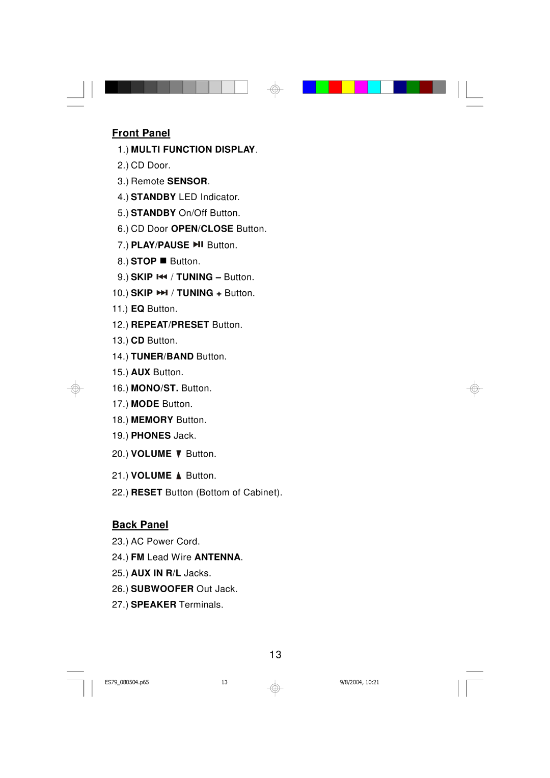 Emerson ES79 owner manual Front Panel, Back Panel 