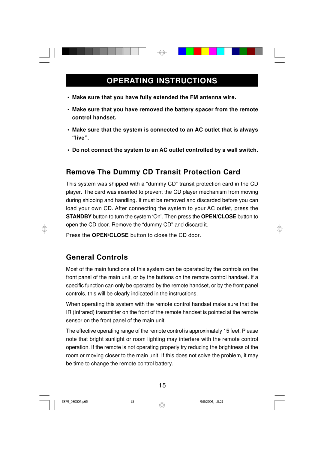 Emerson ES79 owner manual Remove The Dummy CD Transit Protection Card, General Controls 