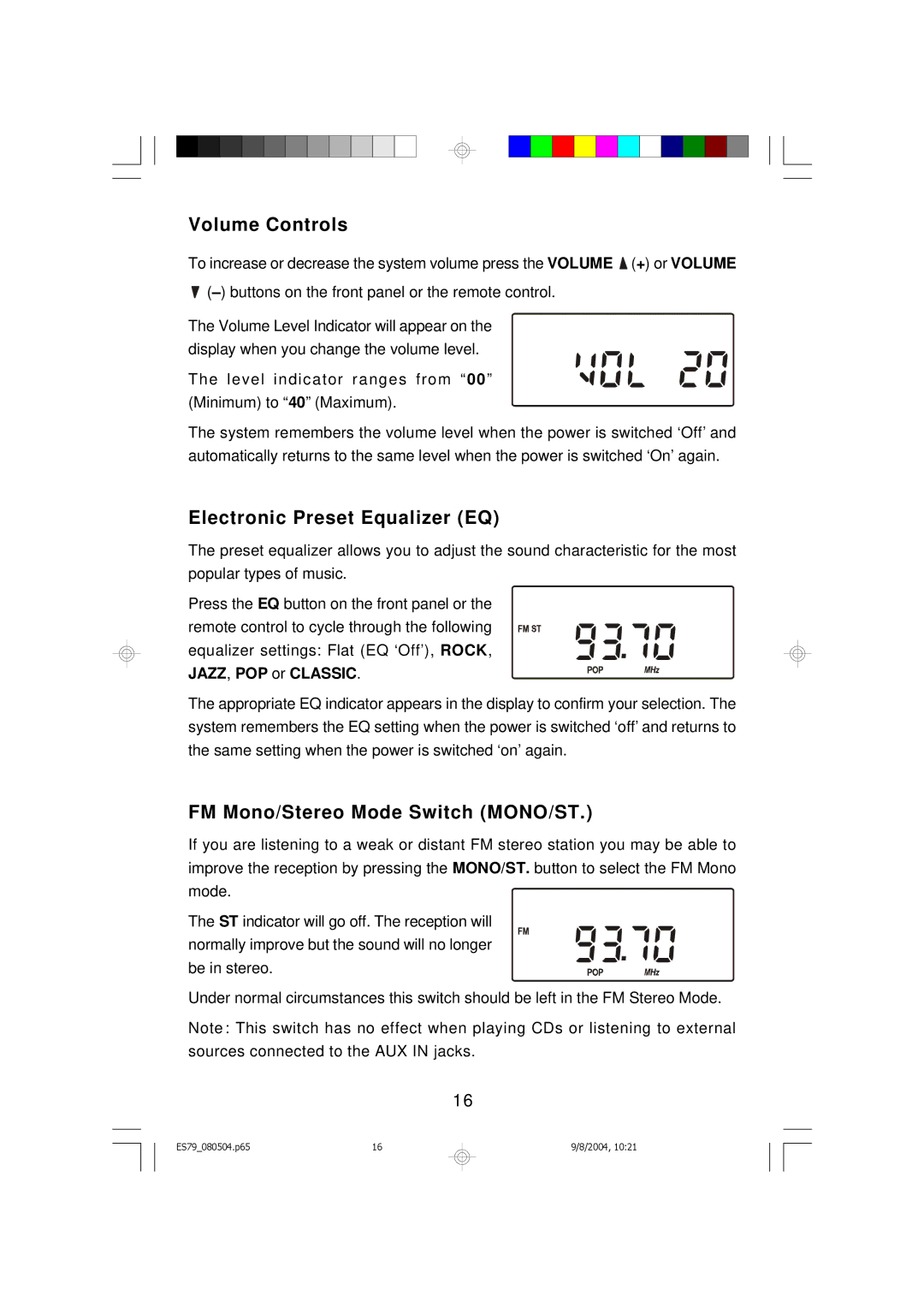 Emerson ES79 owner manual Volume Controls, Electronic Preset Equalizer EQ, FM Mono/Stereo Mode Switch MONO/ST 