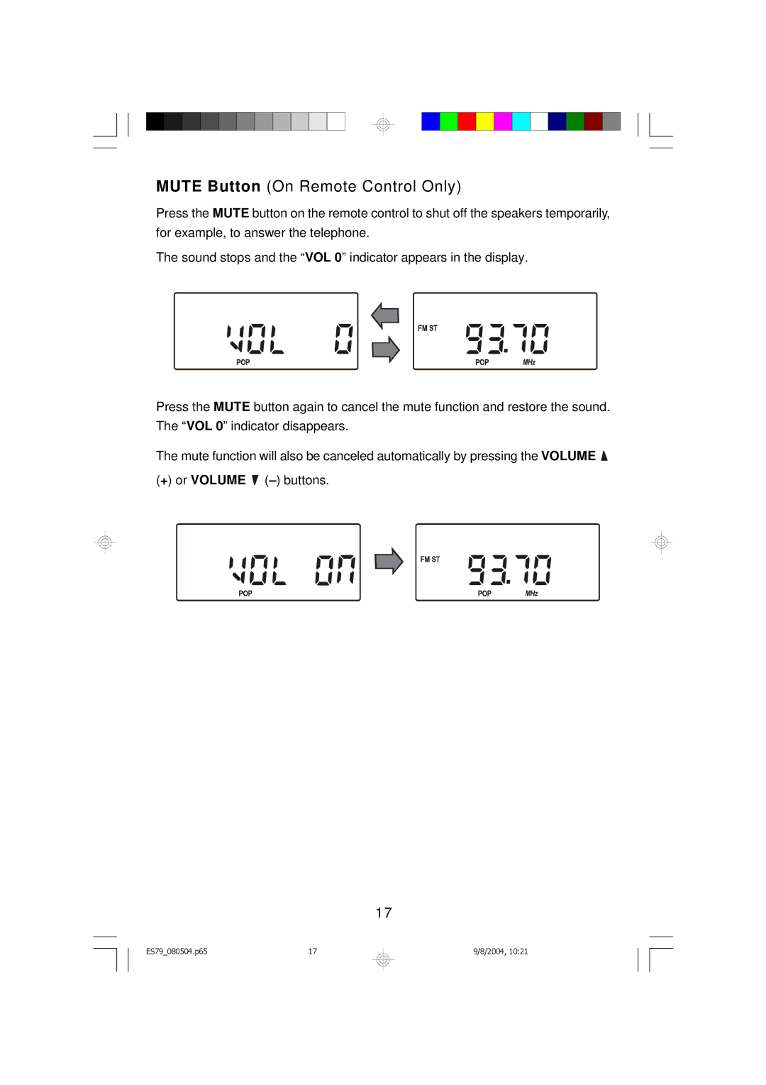 Emerson ES79 owner manual Mute Button On Remote Control Only 