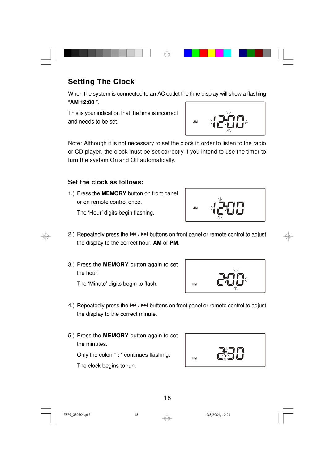 Emerson ES79 owner manual Setting The Clock, Set the clock as follows 