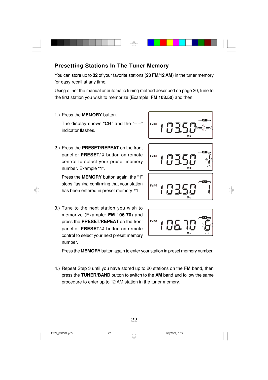 Emerson ES79 owner manual Presetting Stations In The Tuner Memory 