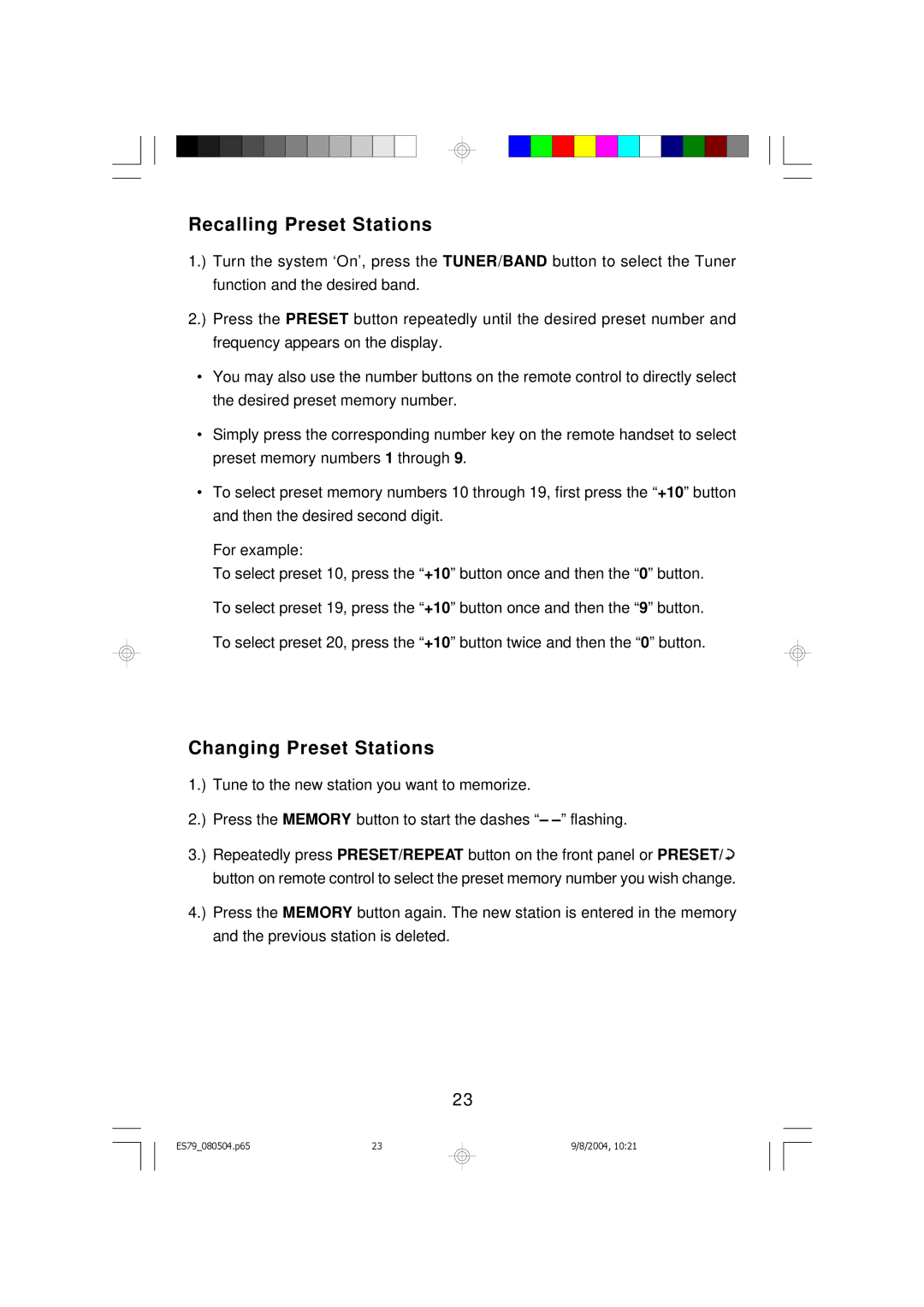 Emerson ES79 owner manual Recalling Preset Stations, Changing Preset Stations 