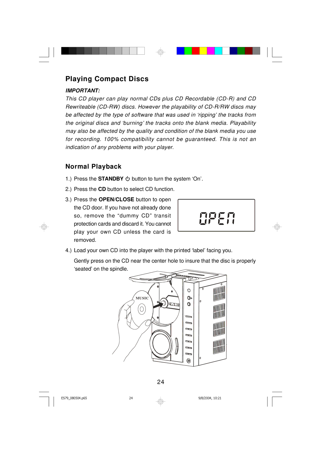 Emerson ES79 owner manual Playing Compact Discs, Normal Playback 