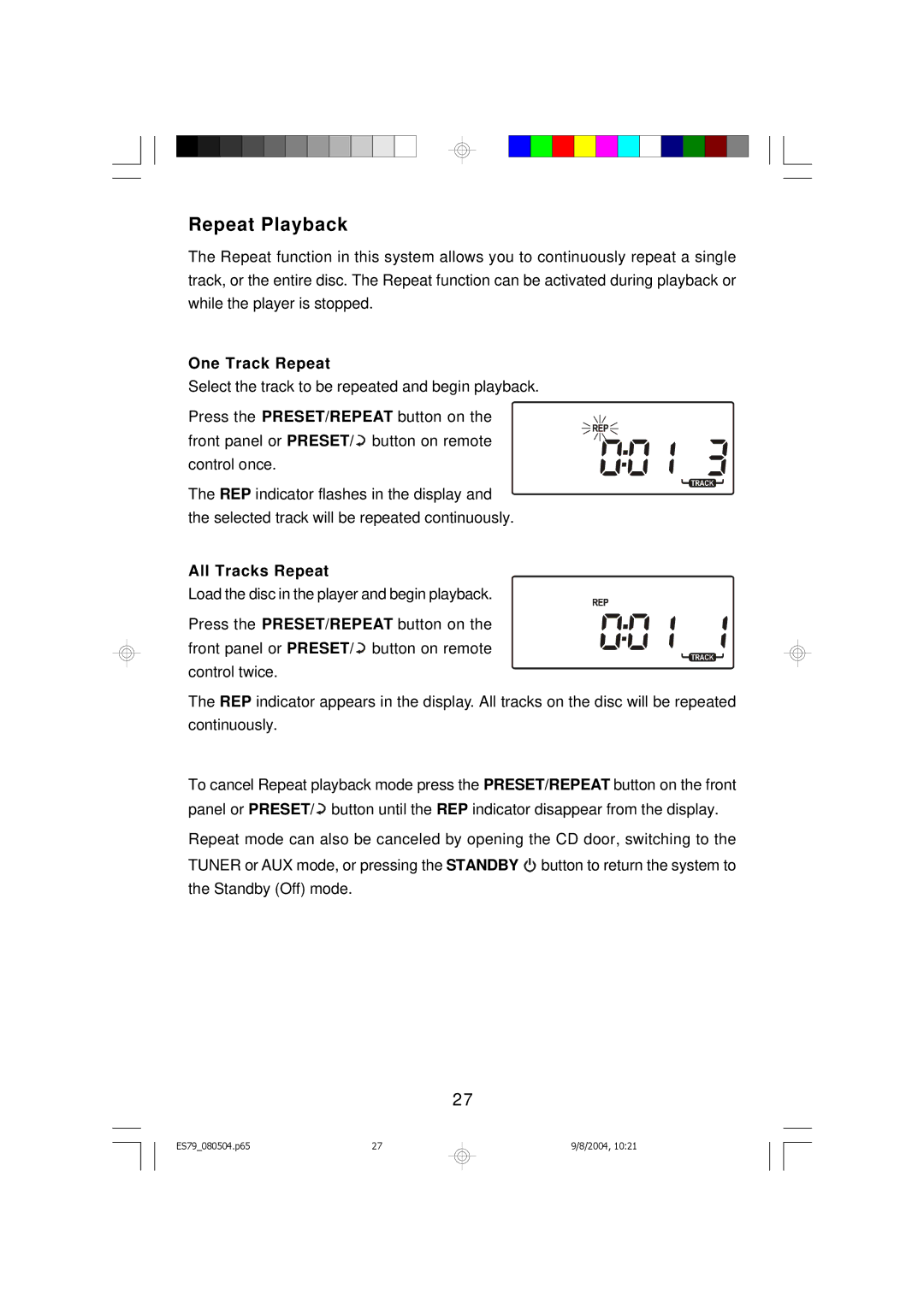 Emerson ES79 owner manual Repeat Playback, One Track Repeat 