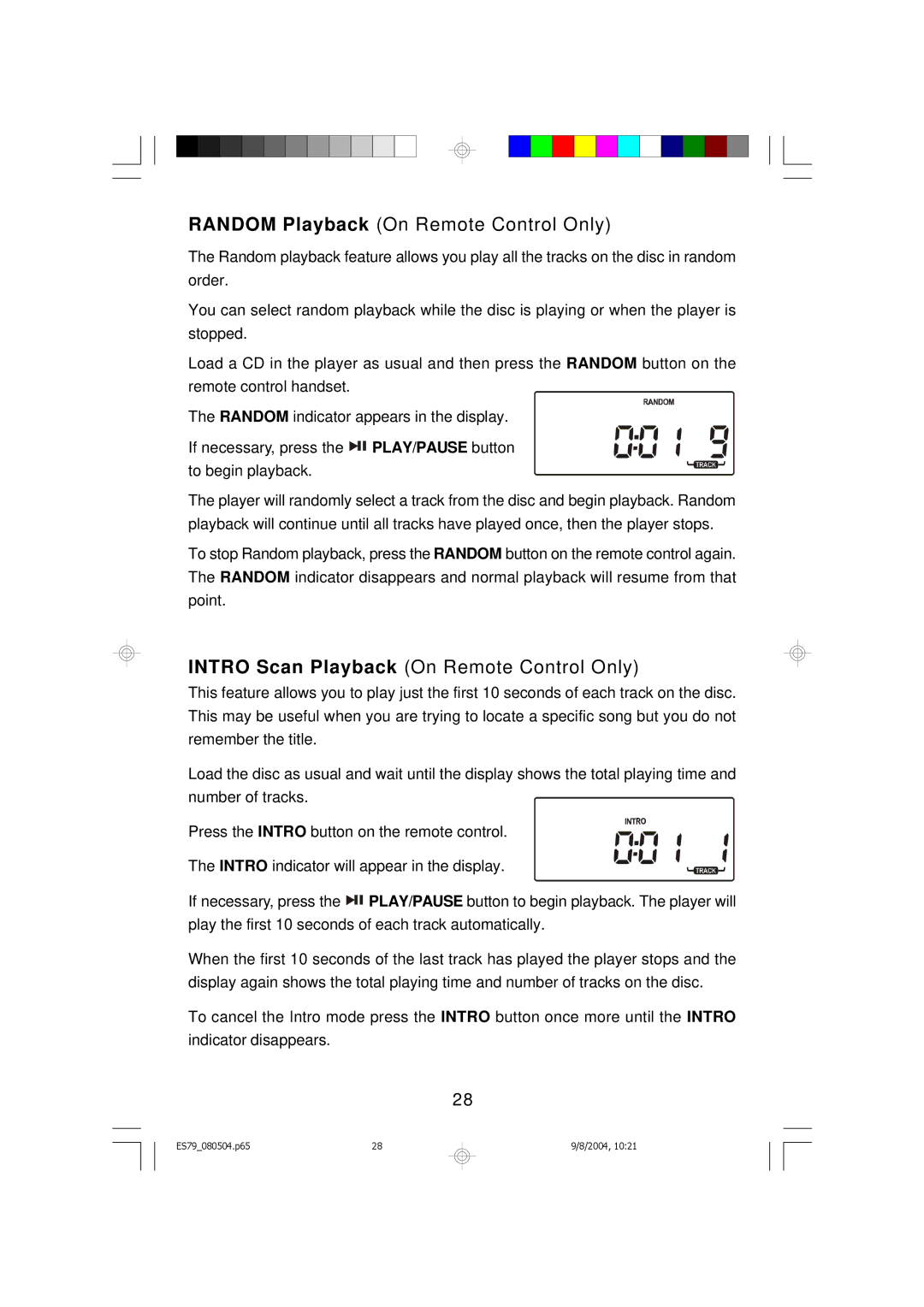 Emerson ES79 owner manual Random Playback On Remote Control Only 