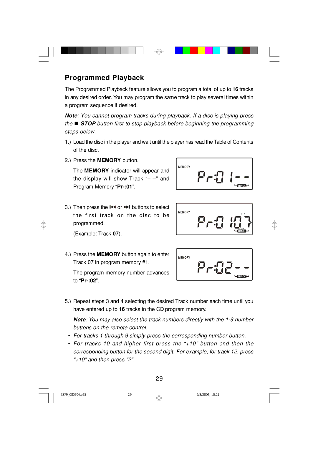 Emerson ES79 owner manual Programmed Playback 